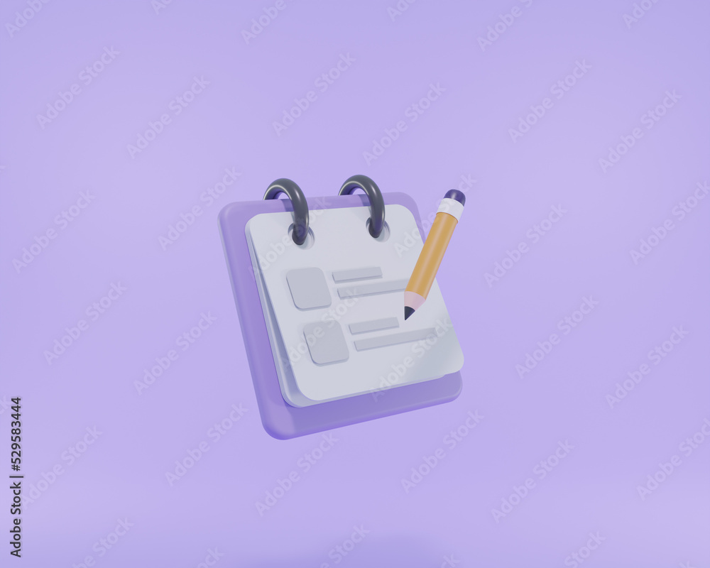 3D Render note book or paper note with checklist document report and pencil icon 3D Render note book or paper note with checklist document report and pencil icon