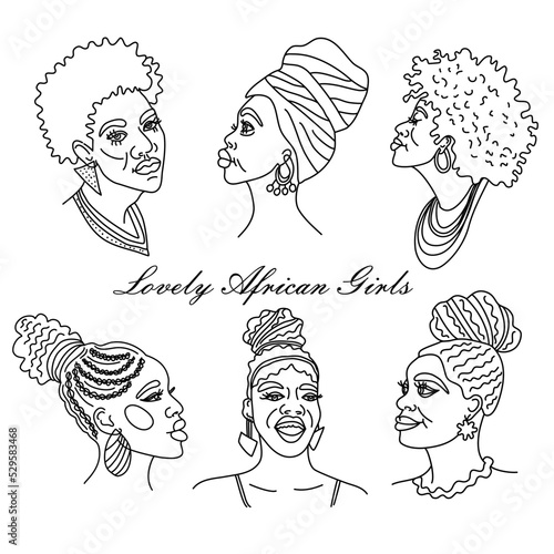 Portraits oneline style beautiful African women in traditional turban, Kente head wrap African, black women vector silhouette isolated sketch, hairstyle concept