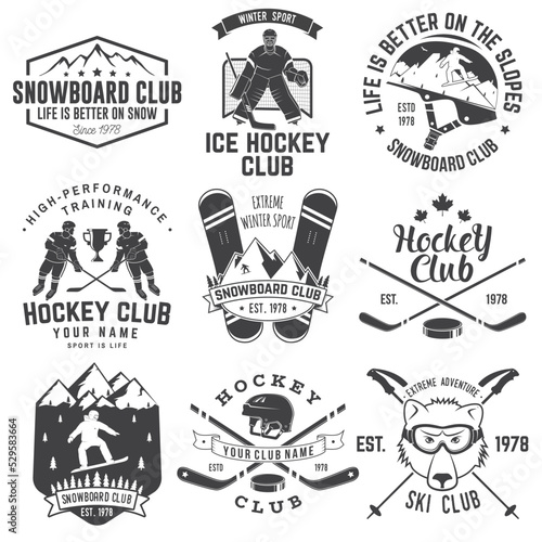 Ice Hockey, Ski and Snowboard Club emblem. Vector. Concept for shirt, print, stamp, badge. Vintage typography design with ice hockey player, snowboarder and skier silhouette. Winter sport.