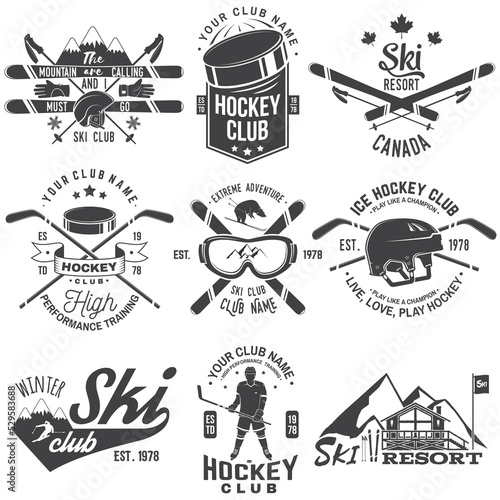 Ice Hockey, Ski and Snowboard Club emblem. Vector. Concept for shirt, print, stamp, badge. Vintage typography design with ice hockey player, snowboarder and skier silhouette. Winter sport.