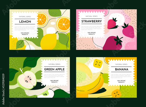 Abstract food package. Orange or pineapple pattern. Soap box or stamp symbol. Bath cosmetic container. Banana and apple. Label templates set. Organic products. Vector design background