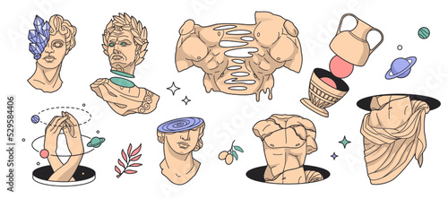 Vintage sculpture stickers, psychedelic statues. Contemporary modern line art, retro globe, space symbol. decorative objects, body parts melting and teleport. Vector illustration set