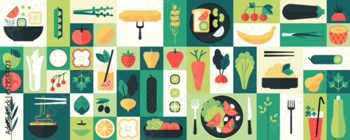Obraz Abstract geometric organic vegetable food background. Fruits and vegetables, cold drinks, kitchen plants, noodles and salad, geometry farm eating, healthy lifestyle. Vector flat icons