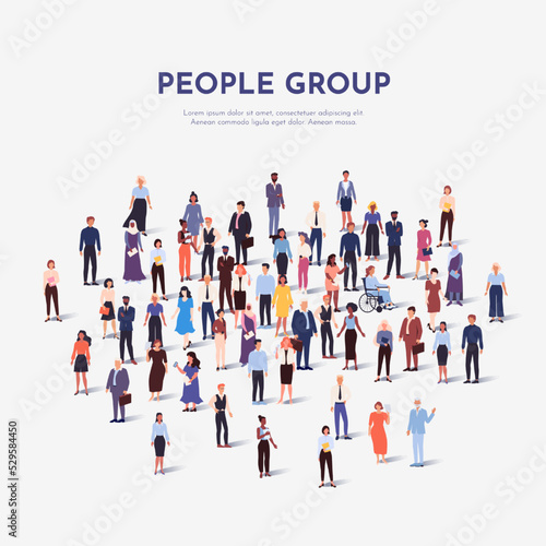 Many people crowd. Citizen group. A lot of persons. Large market. Business workers. International students silhouettes. Multiethnic population. Society diversity. Vector poster design