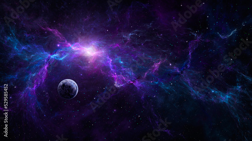 Fototapeta Naklejka Na Ścianę i Meble -  Space background. Planet in colorful fractal blue and violet nebula. Elements furnished by NASA. 3D rendering