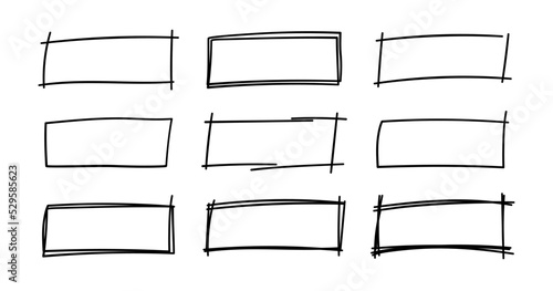 Hand drawn rectangle frames. Grungy scribble rectangle frames. Doodle geometric borders. Pen ink empty black text boxes set. Vector illustration isolated on white background.