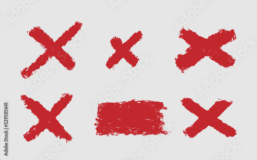 Set of red vector wax crayon cross check mark isolated on white background, Vector hand painting brush chalk texture design elements