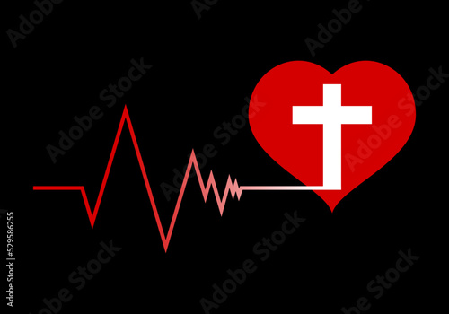 Line heartbeat cardiograph with white christian crucifix cross religion death in red heart concept heart disease on black background icon vector design.