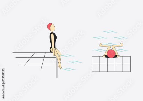 Perform imitation movements with chest and legs in water, sitting on the edge of the swimming pool. Top and side view.