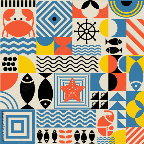 Seafood seamless pattern in Bauhaus style. Geometric poster with abstract geometry Bauhaus swiss. Fish, crab, shrimp, caviar in futuristic minimal shapes, forms