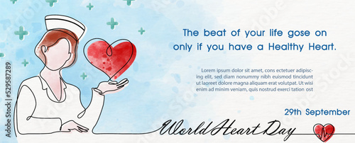 Hand draw and one line style in a nurse and heart shape with watercolors style, wording of world heart day, example texts on blue background. Poster's campaign of World heart day in vector design.