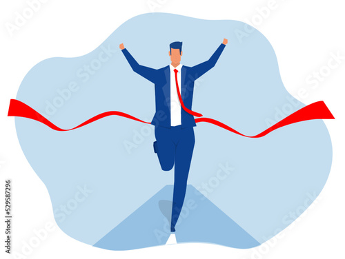 business man crossing the finish line and tearing the red ribbon concept vector illustrator
