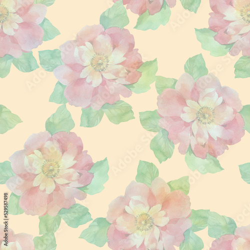 Seamless floral pattern of peony flowers, gentle pastel colors. Abstract watercolor background in green and pink shades. © Sergei