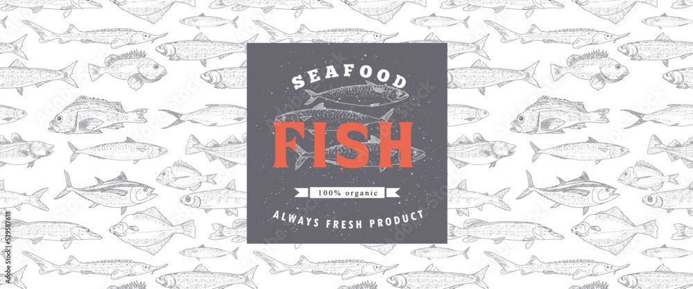 Fish vector design of packaging or label. Modern printed seafood background, vintage sketch of fish seamless pattern.