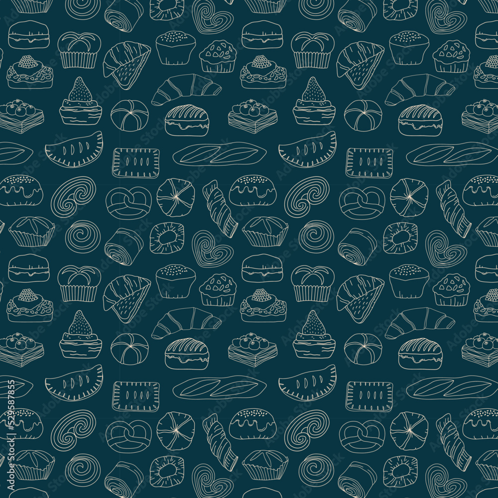 Seamless pattern background of hand drawn bakery and pastry set on dark blue background