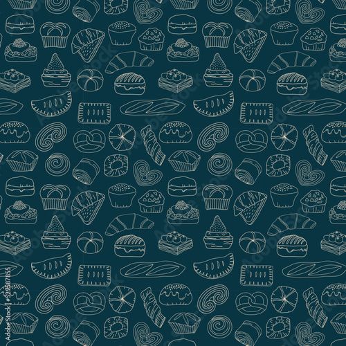 Seamless pattern background of hand drawn bakery and pastry set on dark blue background