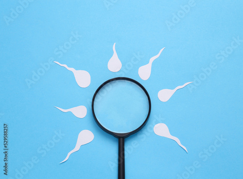 Diagnosis of male reproductive function. Spermatozoa, male seed with a magnifying glass on a blue background photo
