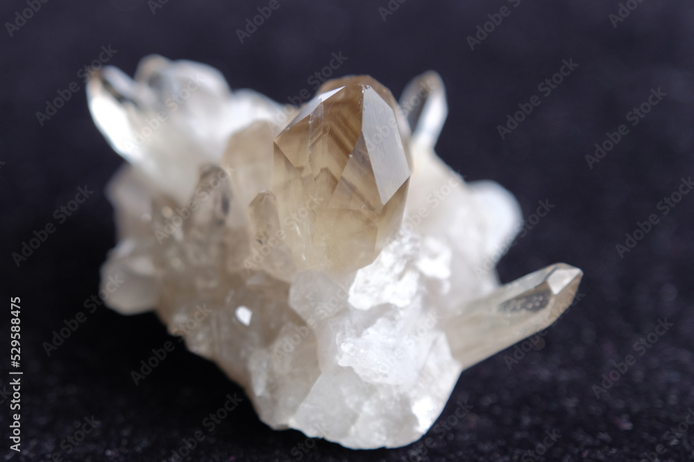 Quartz crystal. Rock crystal druse. Crystal smoky quartz (rauchtopaz) Quartz crystal. Rock crystal druse. Crystal smoky quartz (rauchtopaz)