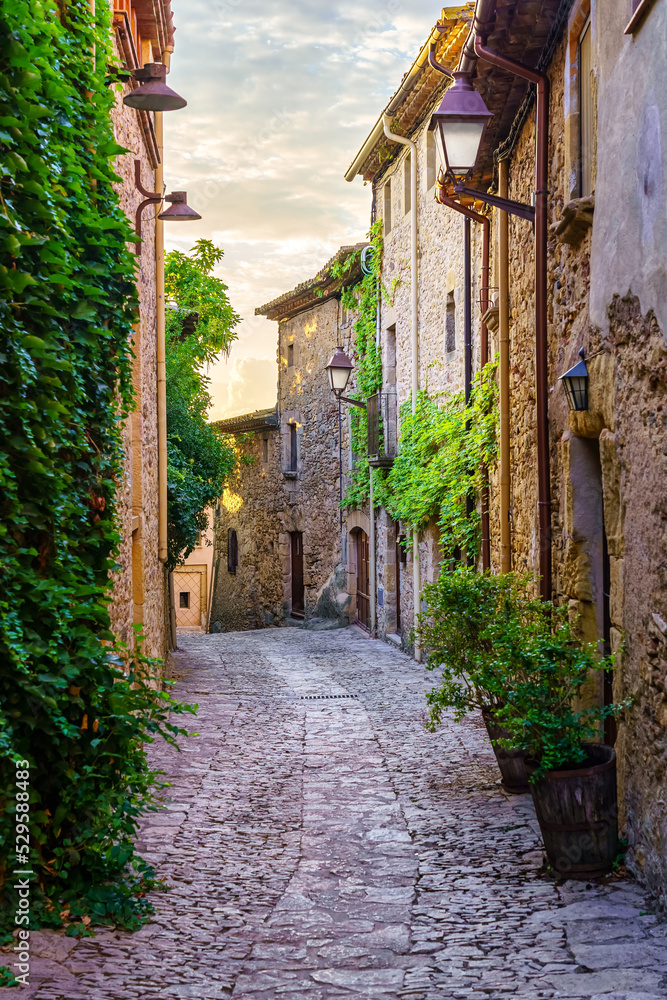 Fototapeta premium Picturesque alley with stone houses and cobblestone floor, plants and vines at golden sunset, Peratallada, Girona, Catalonia.