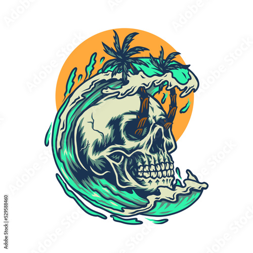 Skull summer beach t shirt graphic design, hand drawn line style with digital color, vector illustration © Amillustrated