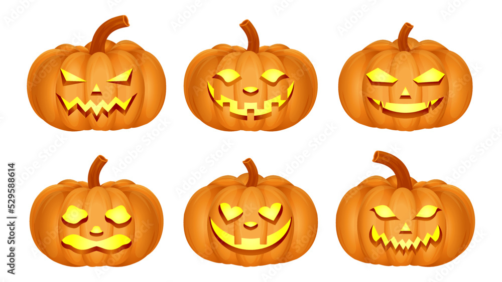 Set pumpkin on white background. Jack o lantern pumpkin with expression for your design for the holiday Halloween. Vector illustration. Set pumpkin on white background. Jack o lantern pumpkin with expression for your design for the holiday Halloween. Vector illustration.
