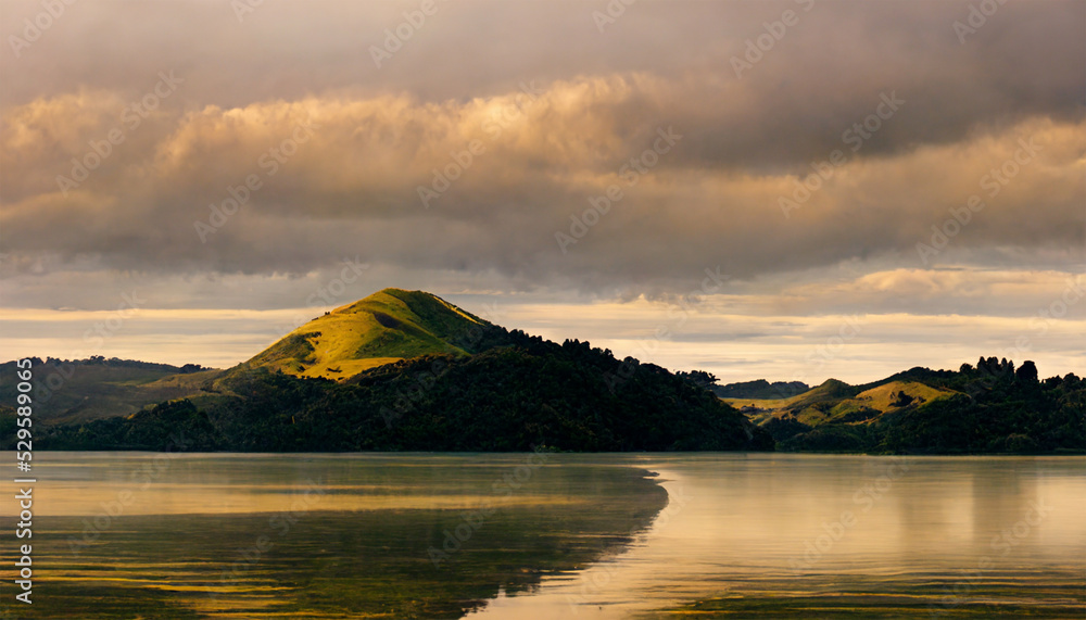 Lake wainamu New zealand mountain calm water cloudy sky painting