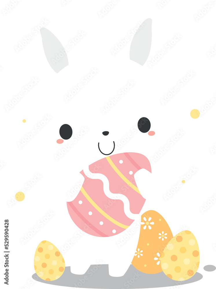 Cute white bunny rabbit holding pink Easter egg.  Flat design illustration.	