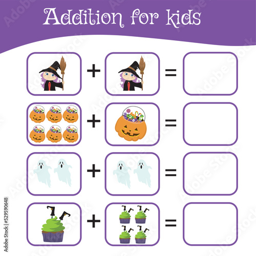 Mathematic worksheet for preschool children. Educational counting game with Halloween theme. This worksheet is suitable for educating the early age children on how to count well. Fun activity for kids
