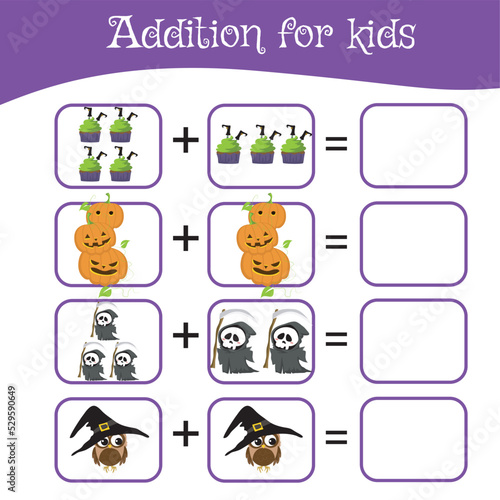 Mathematic worksheet for preschool children. Educational counting game with Halloween theme. This worksheet is suitable for educating the early age children on how to count well. Fun activity for kids