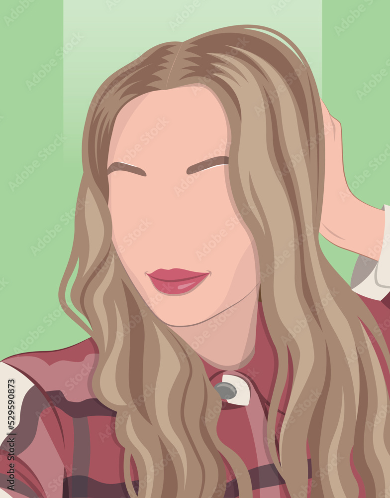 Female faceless portrait. Smiling blonde hair woman. Woman with long hair vector illustration. Girl with checkered shirt. Fashion portrait. Female portrait without nose and eyes. Strands of hair. Female faceless portrait. Smiling blonde hair woman. Woman with long hair vector illustration. Girl with checkered shirt. Fashion portrait. Female portrait without nose and eyes. Strands of hair.