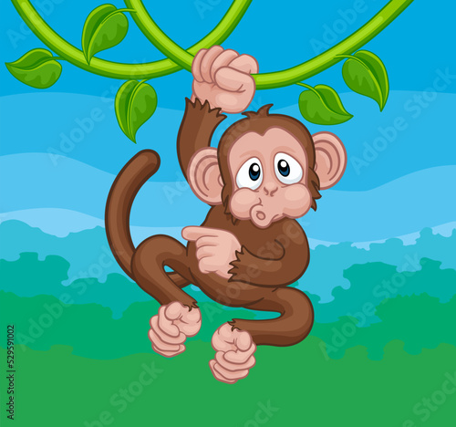 A monkey cartoon character singing on jungle vines and pointing