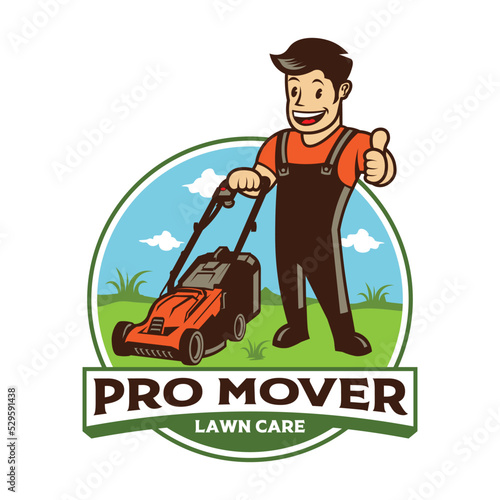 Lawn Mover worker vector illustration in retro style, perfect for Lawn Care company logo design and mascot