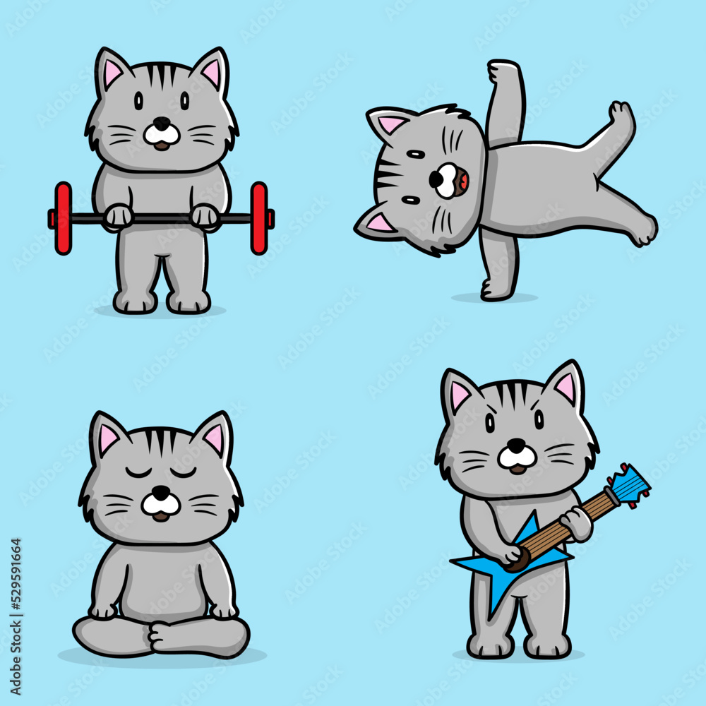 set of funny cartoon cats doing different things