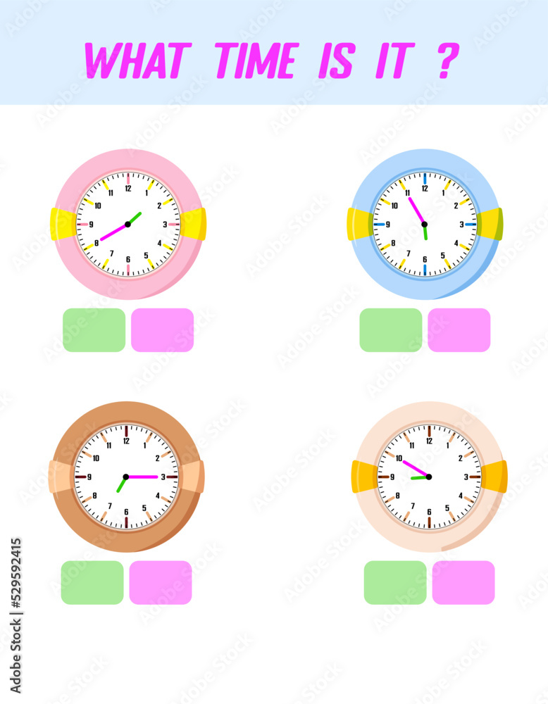 What time is it. Learning time on the clock. Educational activity worksheet for kids and toddlers. Preschool game. Puzzle with clock . Education Game for Children. What time is it. Learning time on the clock. Educational activity worksheet for kids and toddlers. Preschool game. Puzzle with clock . Education Game for Children.