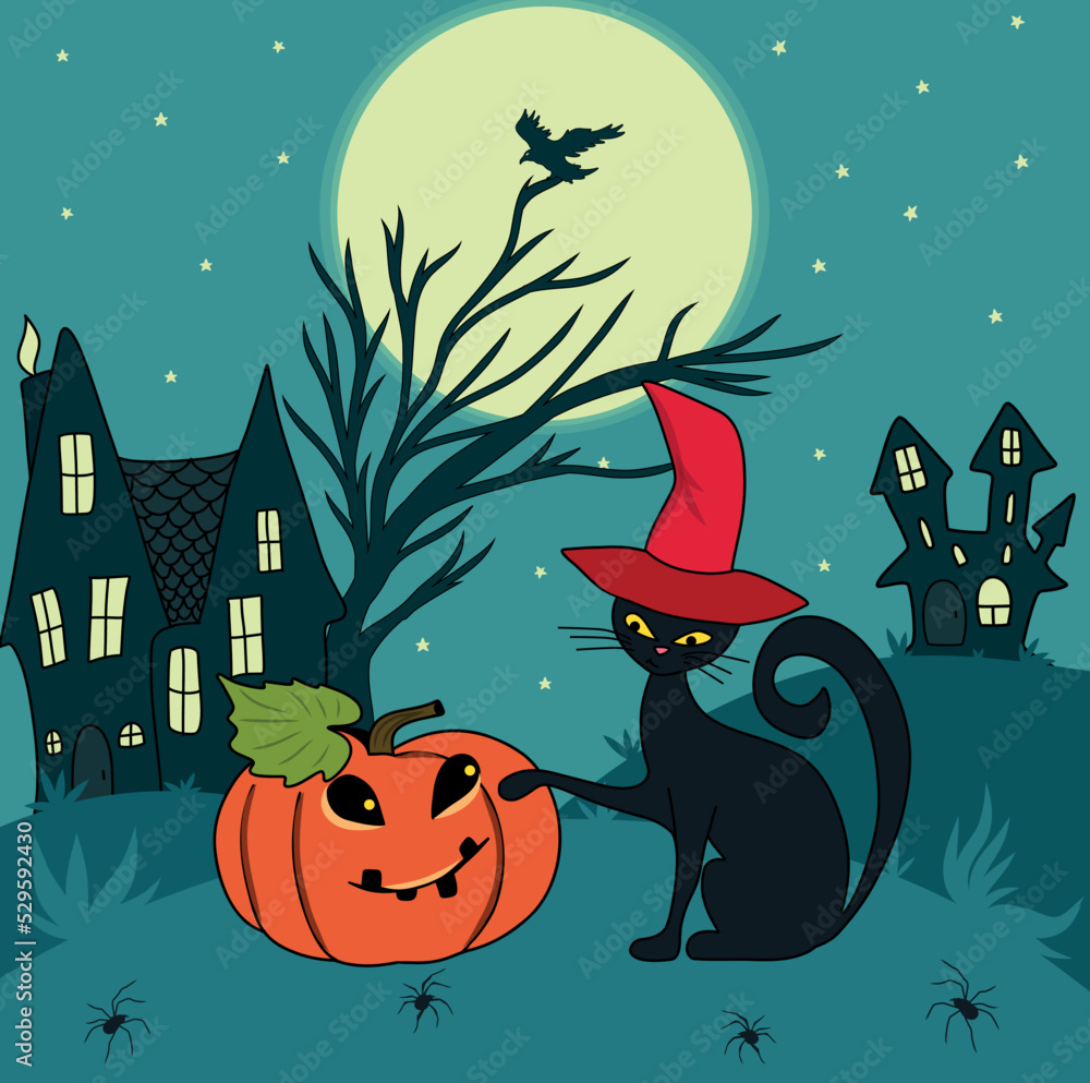 Vector illustration of Halloween night a cat in a cap and a pumpkin in ...
