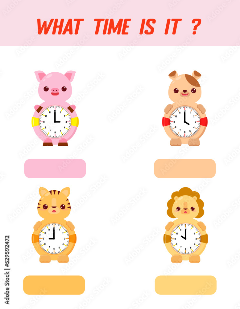 What time is it? Learning time on the clock. Educational activity worksheet for kids and toddlers. Preschool game. Puzzle with clock .   Education Game for Children.