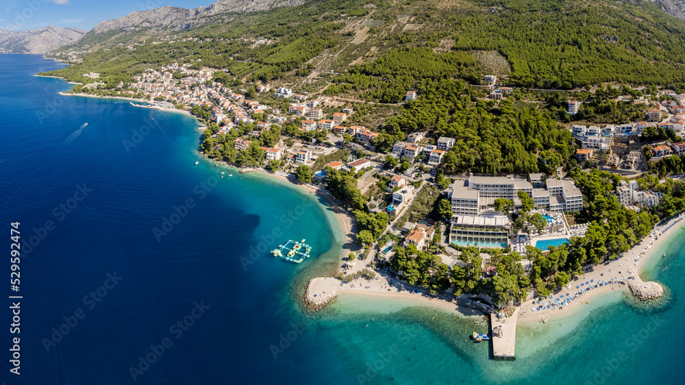 Baska Voda beach and waterfront aerial view, Makarska riviera in Dalmatia, Croatia