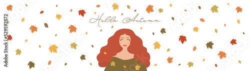 Banner Hello Autumn, welcome Fall, Hello Fall, young red-haired woman with freckles joyfully welcoming autumn, looking up at falling tree leaves (red, yellow, orange, green leaves)