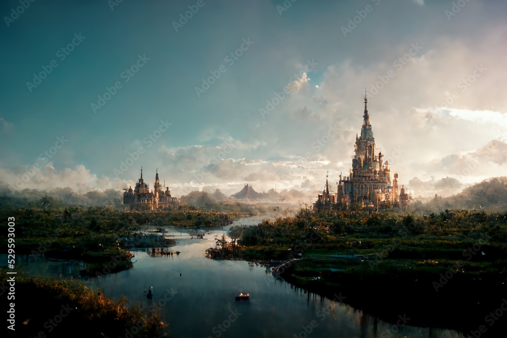 Medieval landscape with castles and river Medieval landscape with castles and river