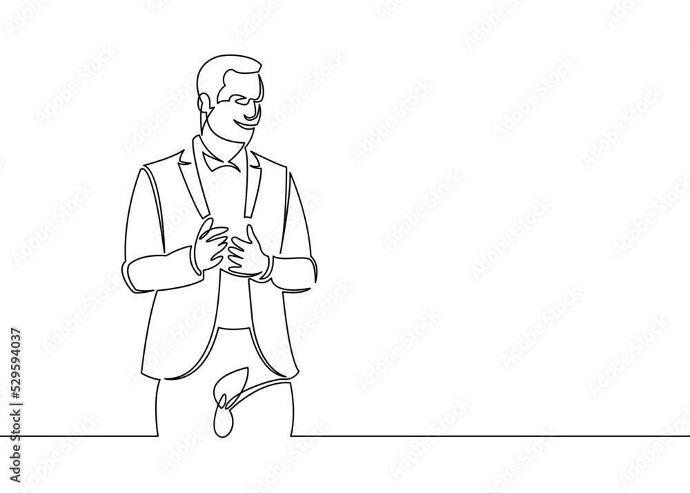 One line drawing businessman talking on presentation.One continuous line.One continuous line is drawn on a white background.