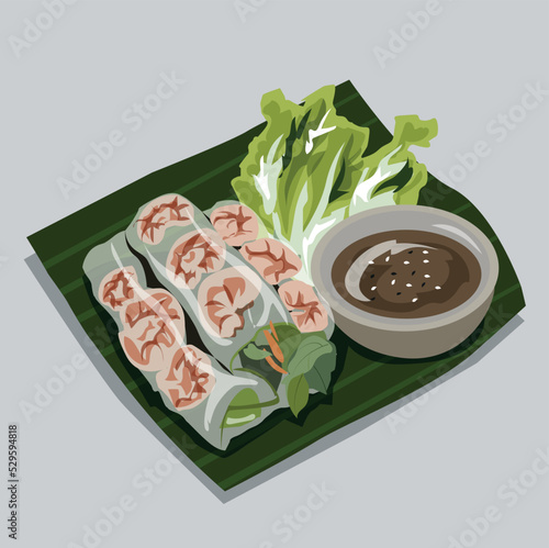 Vector illustration of Thai Rice Noodle Salad Roll, Fresh Vegetable Rice Wraps with shrimp, dipping sauce on banana leaves. gray background.jpg