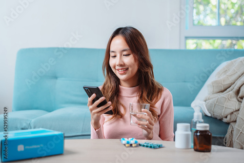 Fotografie Asian young woman patient on eating table at nursing home care