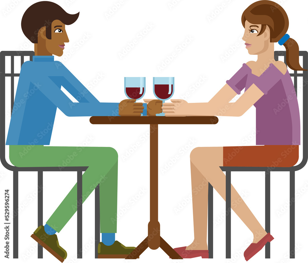 Young Couple Dinner Wine Restaurant Cartoon