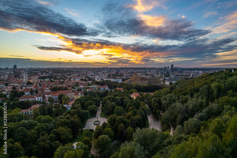 Aerial autumn beautiful sunset view of Bernardine Gardens, Vilnius old town, Lithuania
