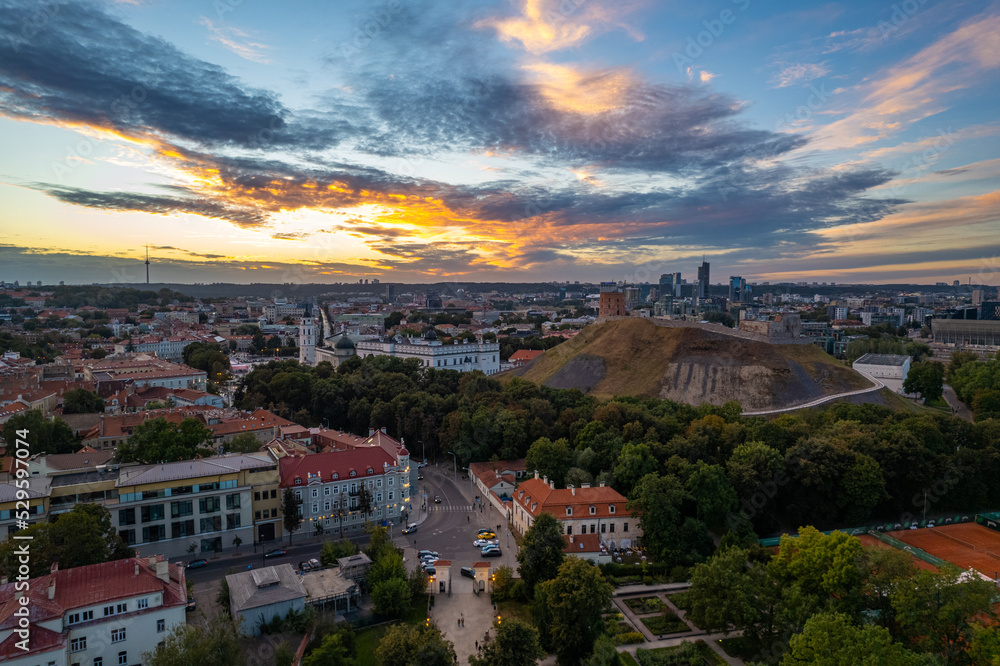 Aerial autumn beautiful sunset view of Vilnius old town, Lithuania