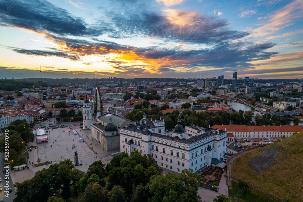 Aerial autumn beautiful sunset view of Cathedral Square, Vilnius old town, Lithuania