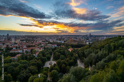 Aerial autumn beautiful sunset view of Bernardine Gardens, Vilnius old town, Lithuania