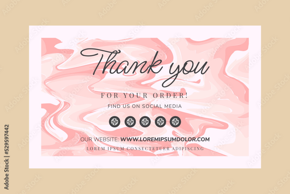 Thank you for your order card. murble background in multicolored pink. art pattern in horizontal layout design. social media icon in black white colors. Thank you for your order card. murble background in multicolored pink. art pattern in horizontal layout design. social media icon in black white colors.