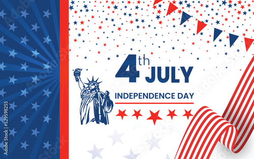 Happy 4th of July, USA independence day celebration text design with red, blue balloons and fireworks on American flag and statue of liberty banner background