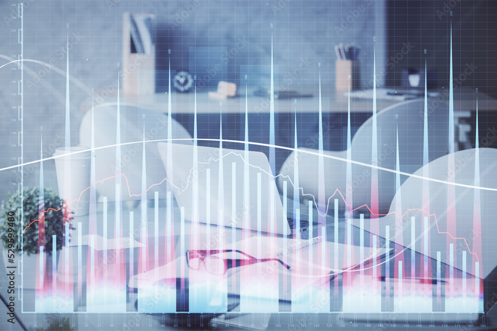 Double exposure of stock market graph drawing and office interior background. Concept of financial analysis. Double exposure of stock market graph drawing and office interior background. Concept of financial analysis.
